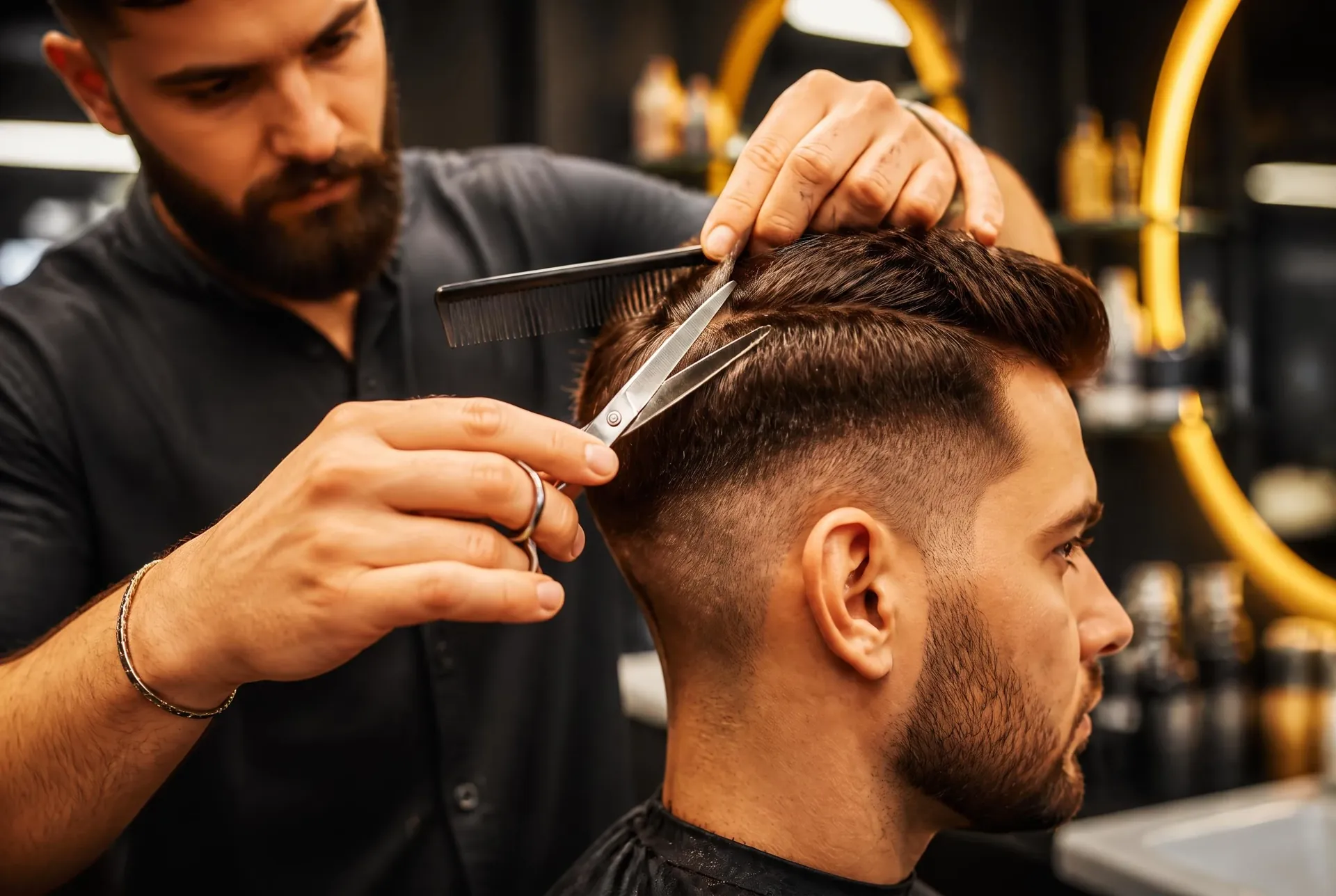 Barber strzyże klienta nożyczkami
